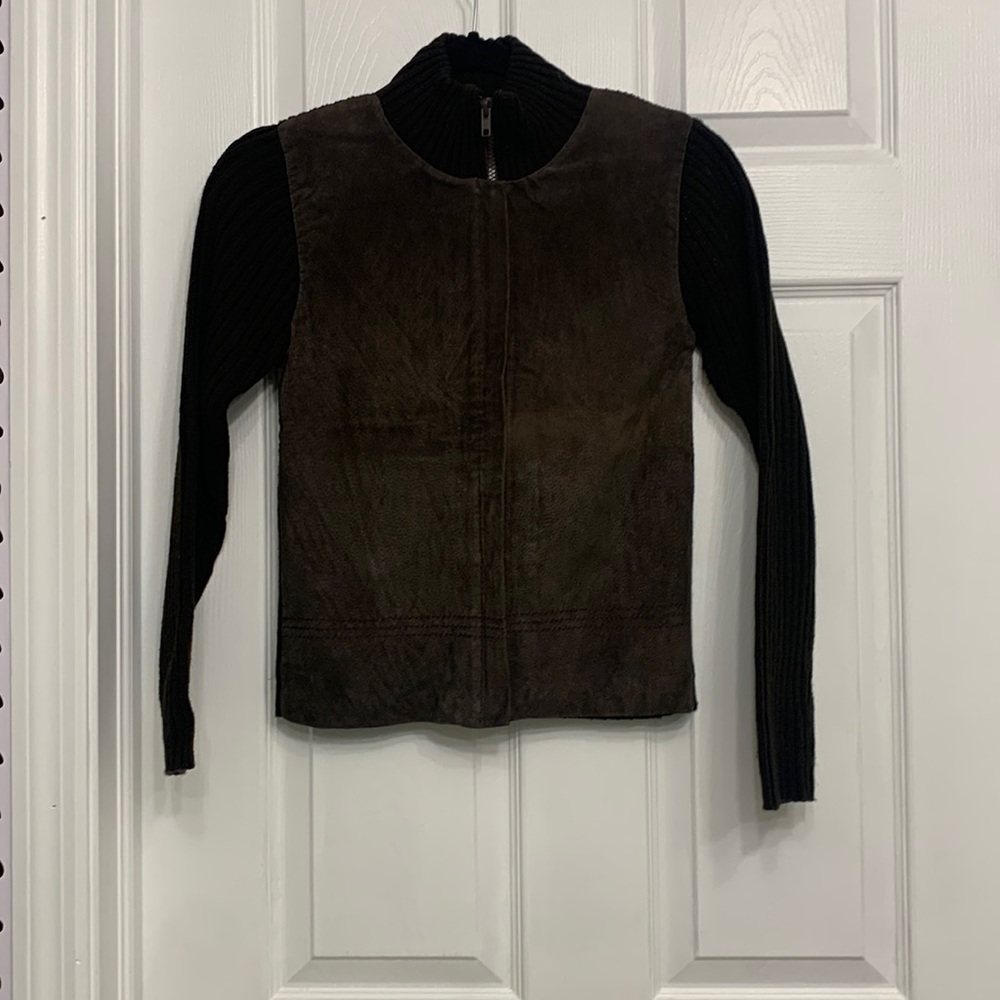 2/$20 Brown ribbed mock turtleneck with genuine suede leather front.